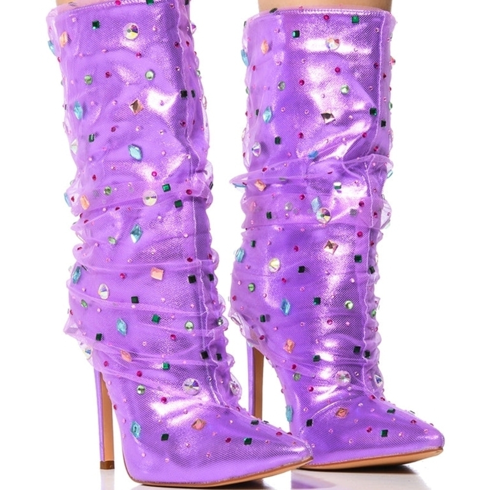 AZALEA WANG "Dreamscape Gemini" Lavender Embellished Women's Heeled Boots